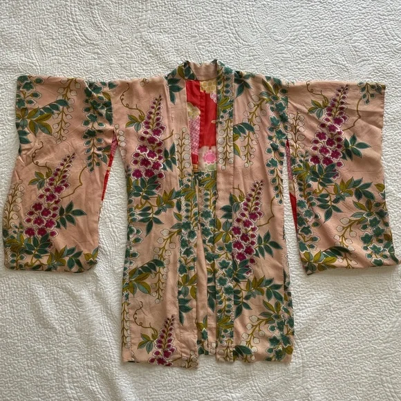 Vintage 👘 Silk Floral Kimono Robe Peach Pink Green Cherry blossom 🌸 OS - Picture 9 of 10